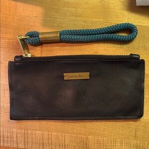 Wildwood Oyster Black Leather Clutch with Teal Rope Strap